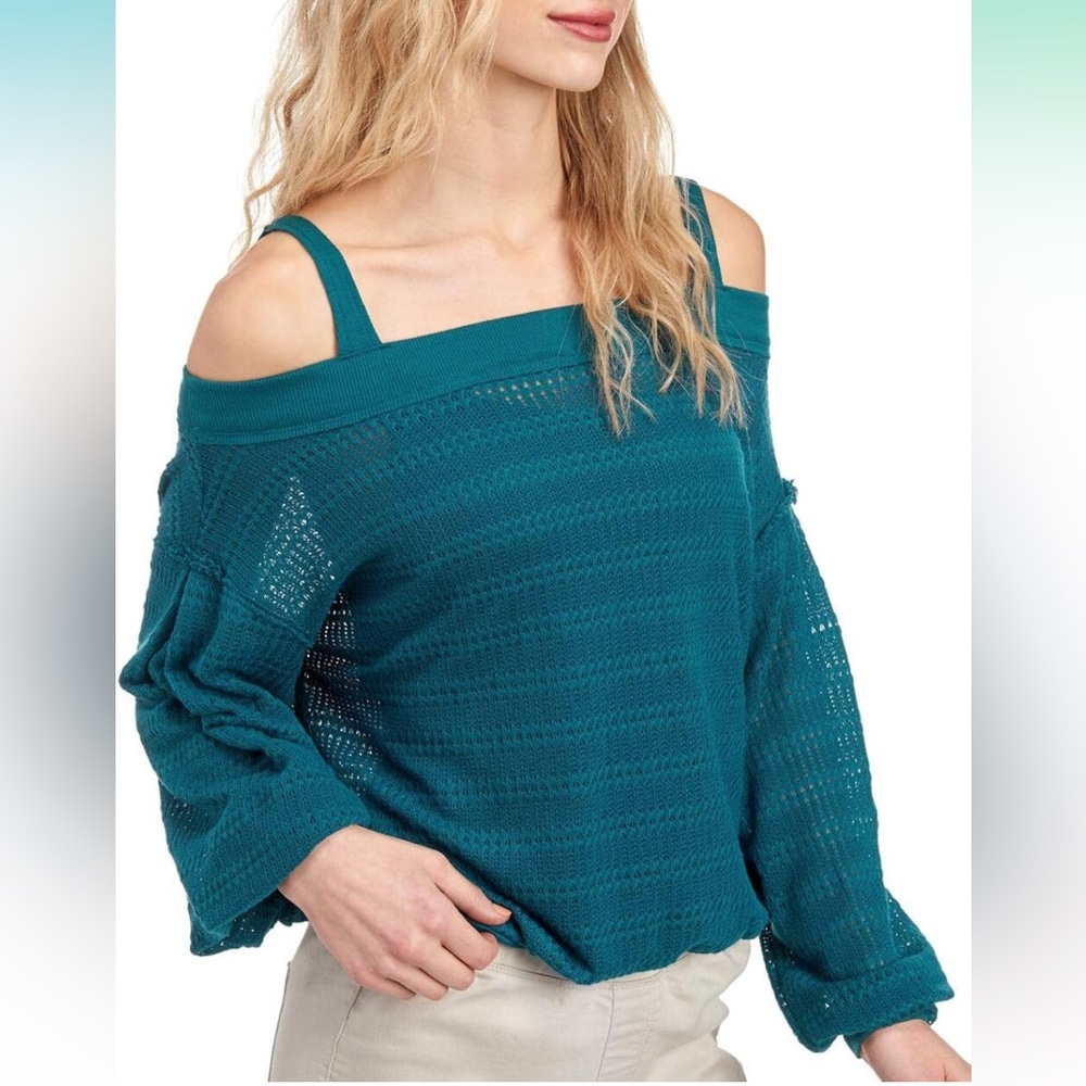 Free People Sistine Hacci Blue Knit Off The Shoulder Top, Size Medium EUC